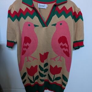 DXKNIT Women's V-Neck Sweater - Pink and Green